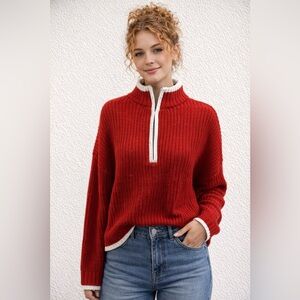 NWT Sanctuary Red & White Quarter Zip Sweater